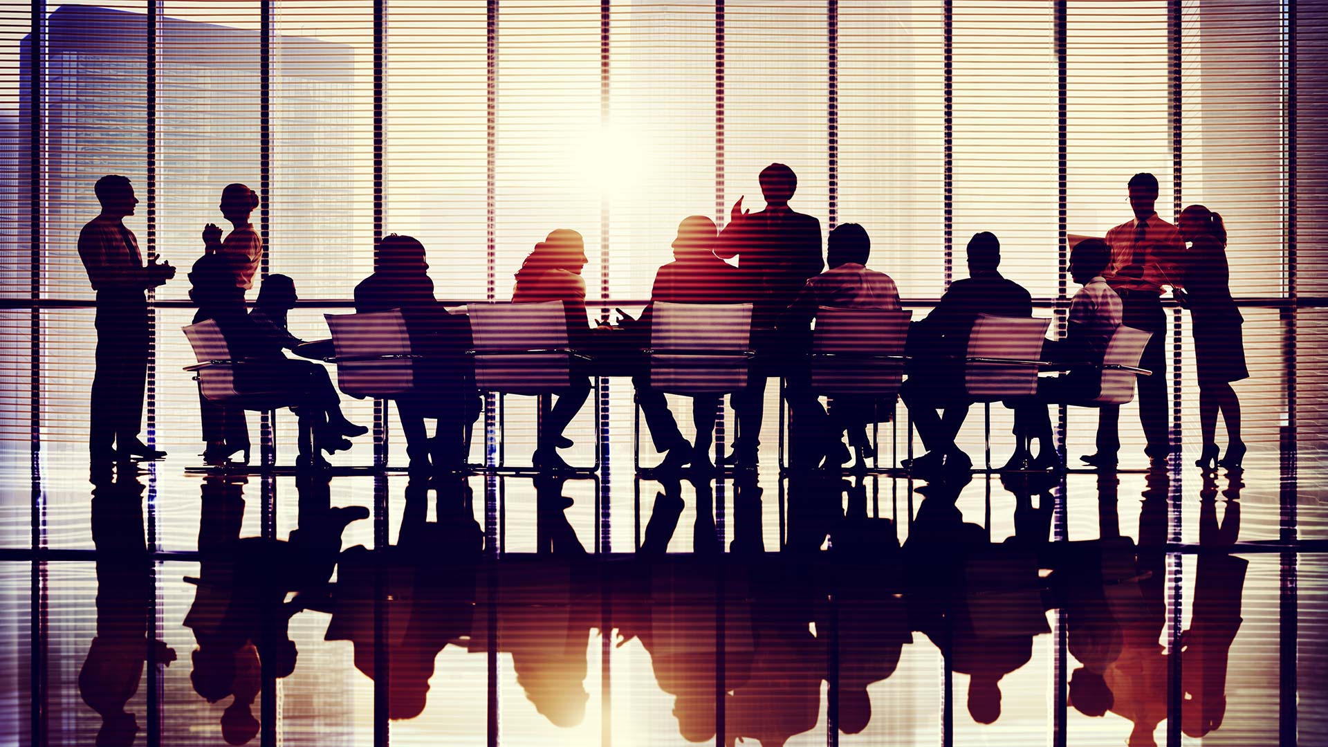Group of people sitting at a long table in the board room