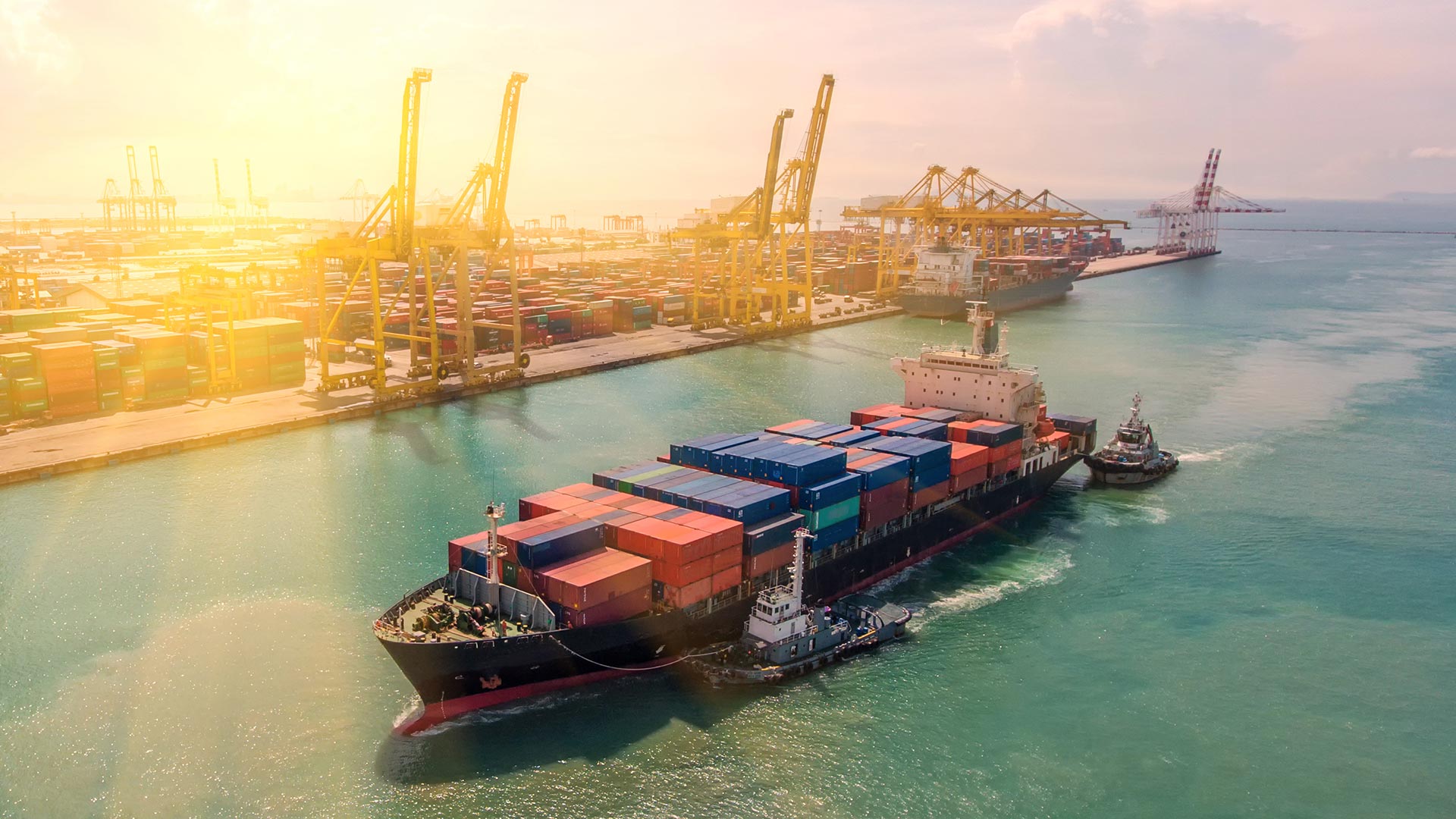 Container ship importing and exporting goods for trade