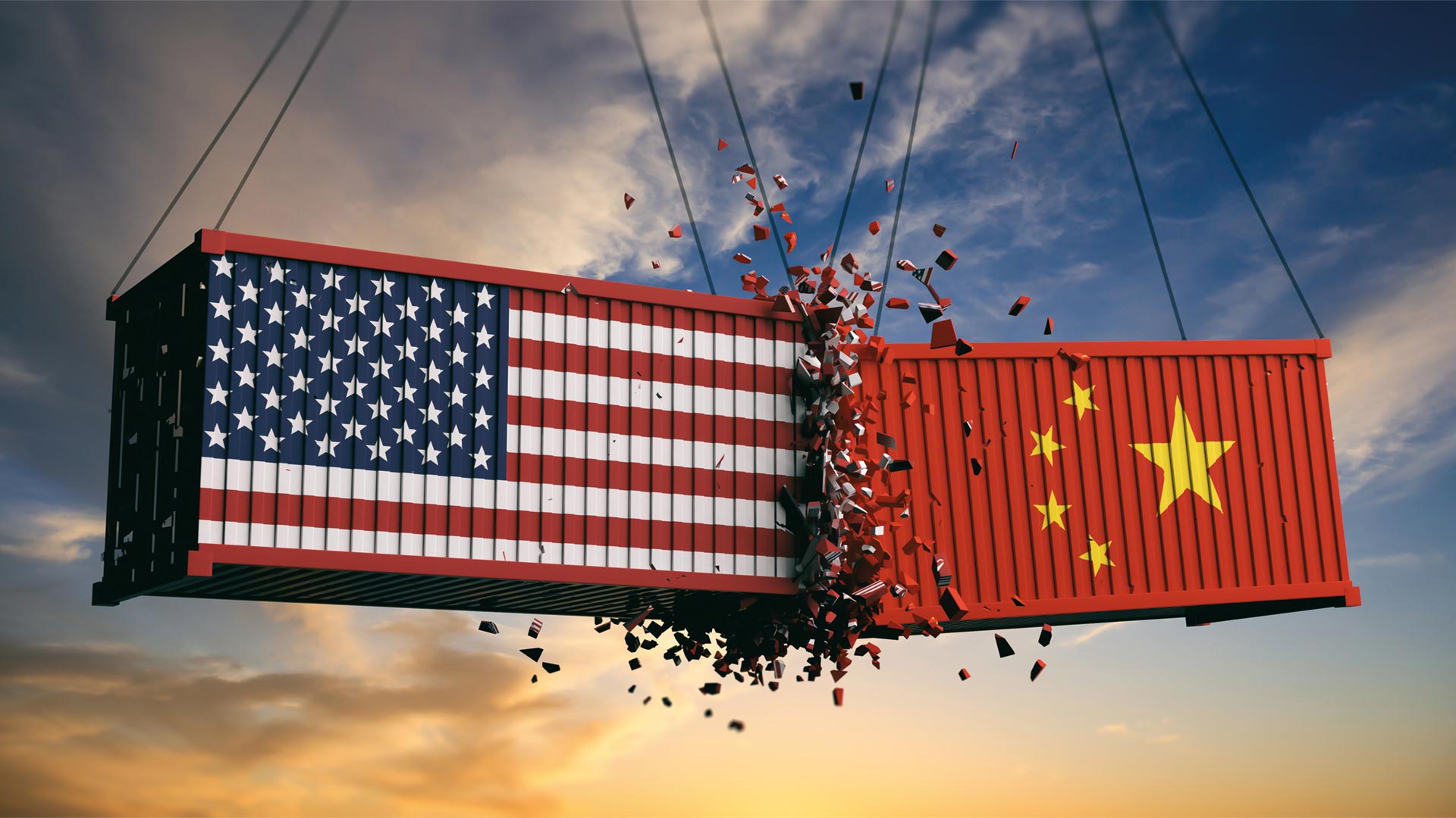 Two containers hitting each other. One symbolises the US and the other China