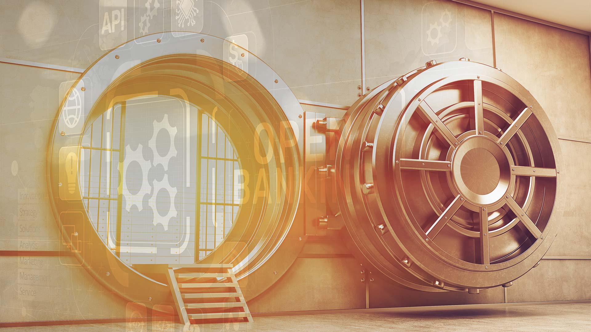 Open bank vault with API graphics overlayed