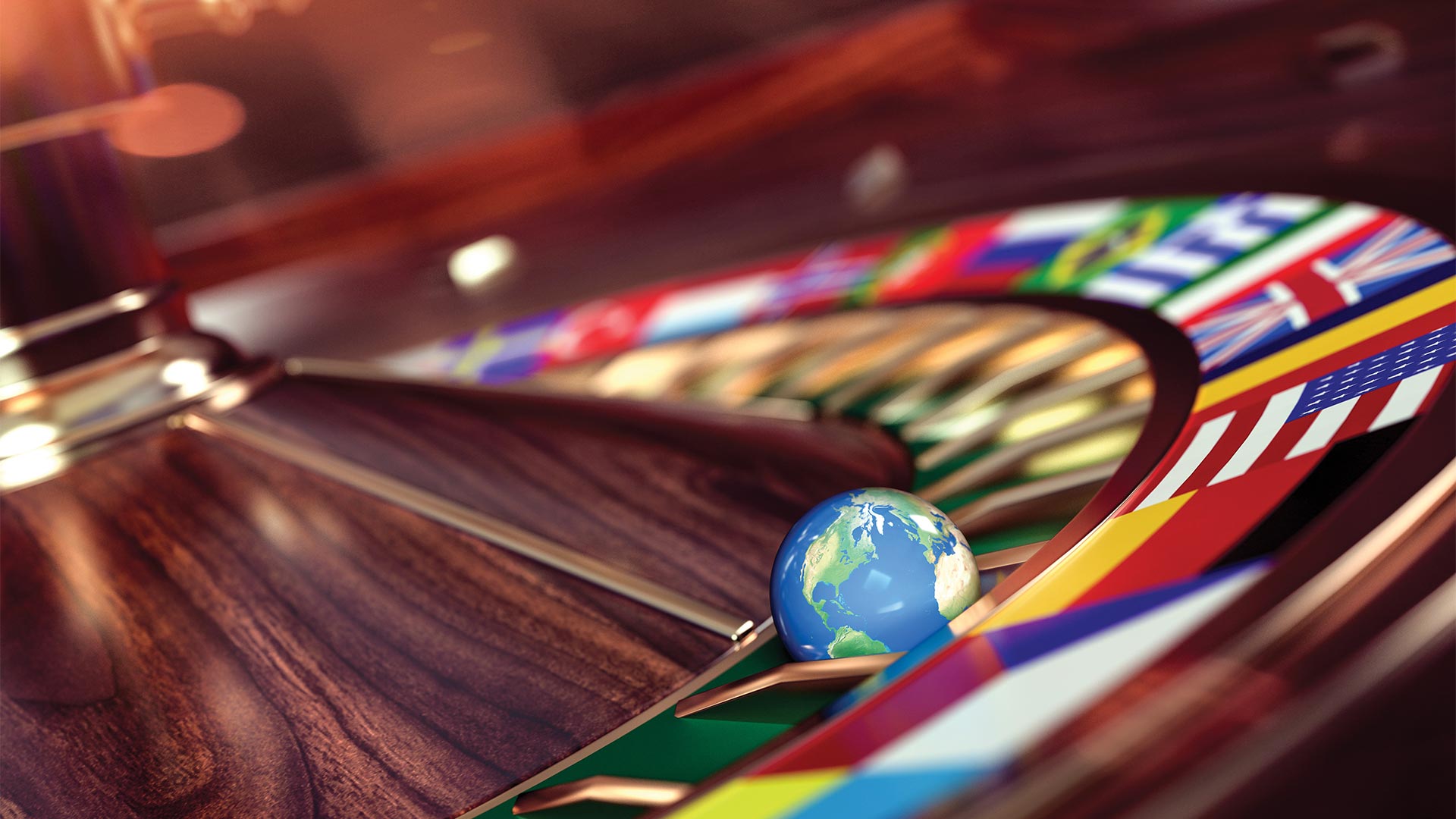 Illustration of the earth on a roulette table with country flags