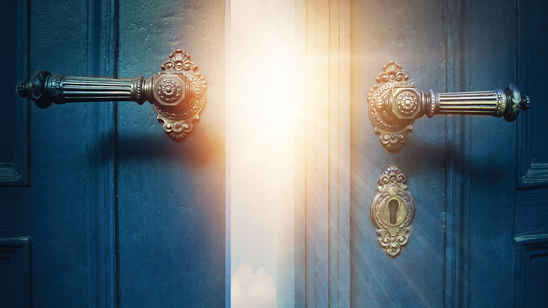 Two blue doors opening, revealing the sun
