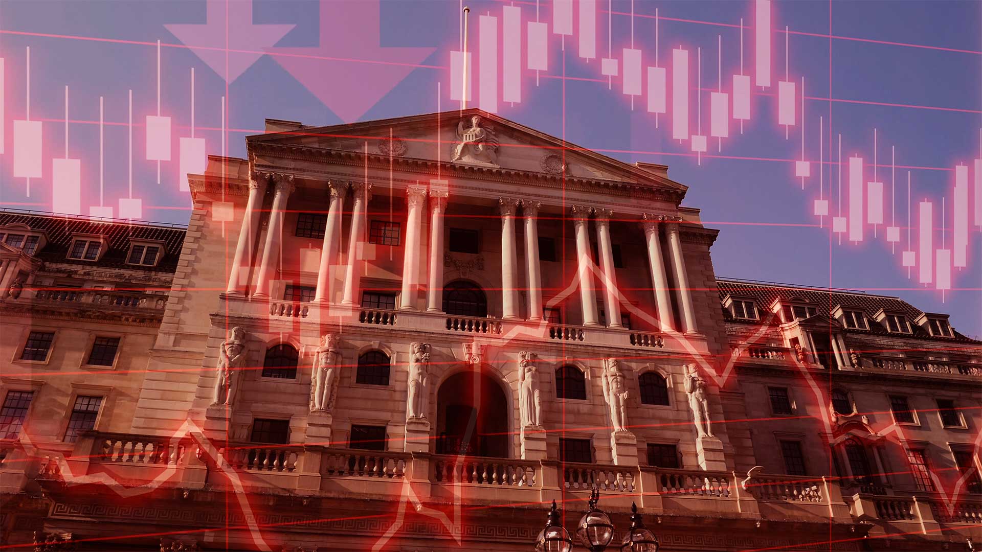 Bank with graphics showing red arrows pointing down