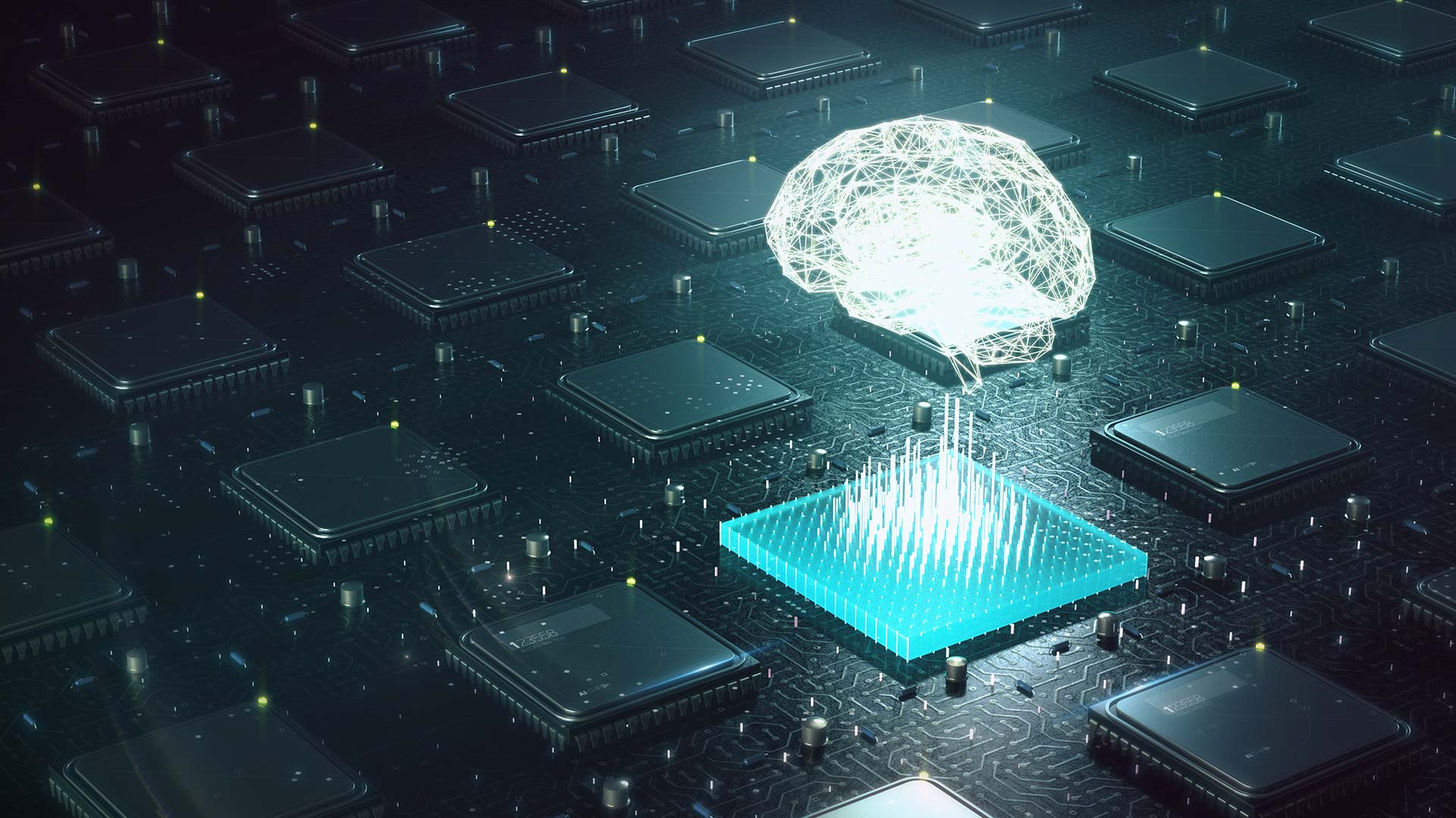 Digital brain coming out of microchip, illustration of machine learning and artifical intelligence