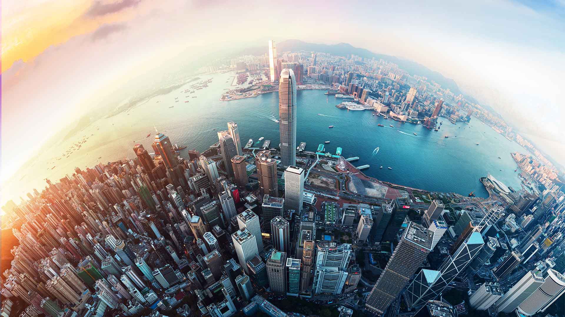 Hong Kong skyline through a fisheye lense