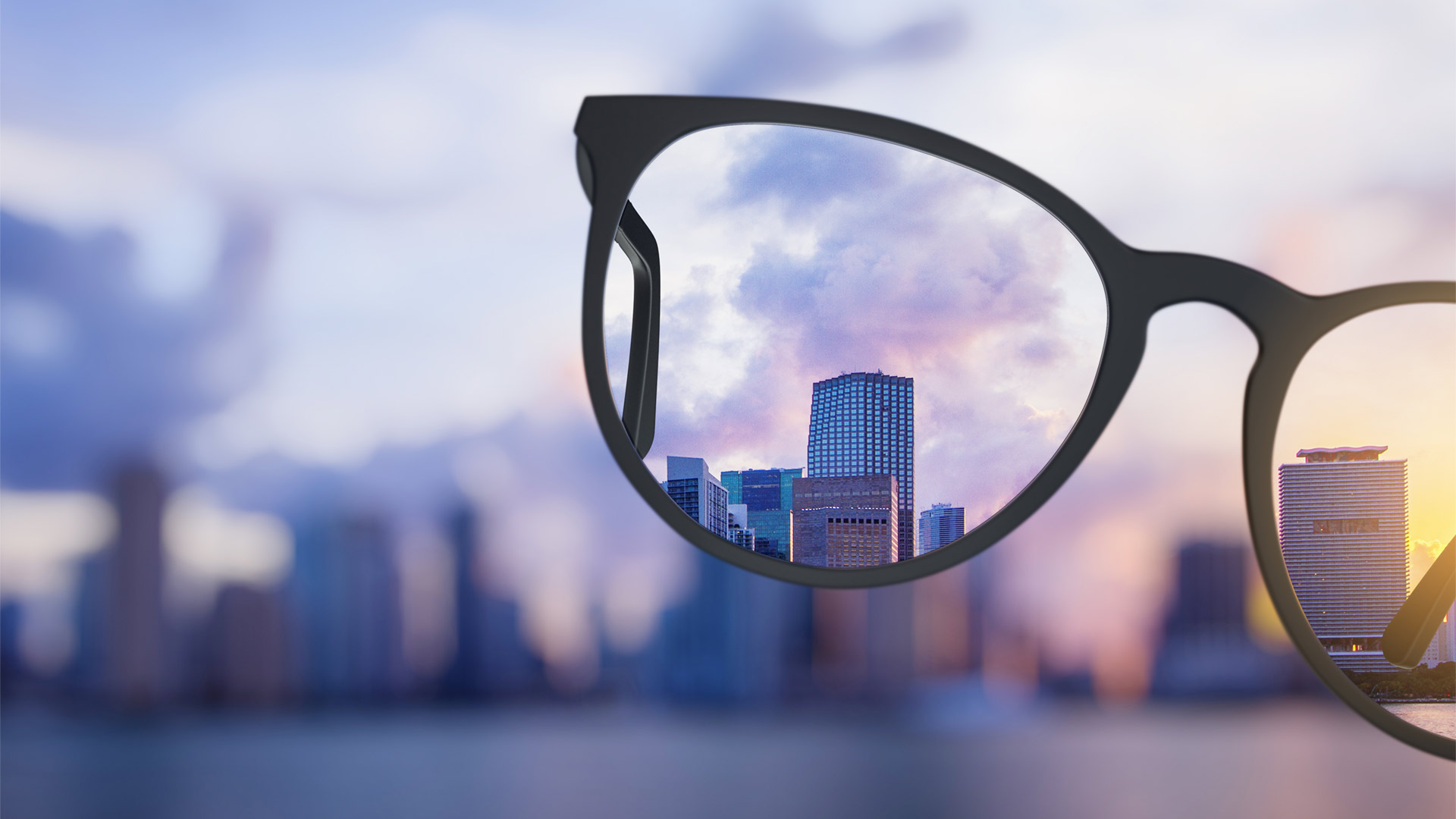 City skyline, can see clear through the glasses