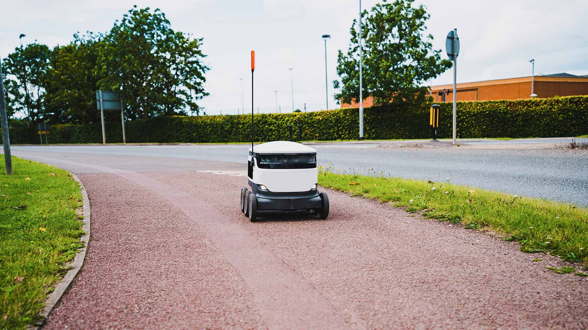 Moving delivery robot on public footpath