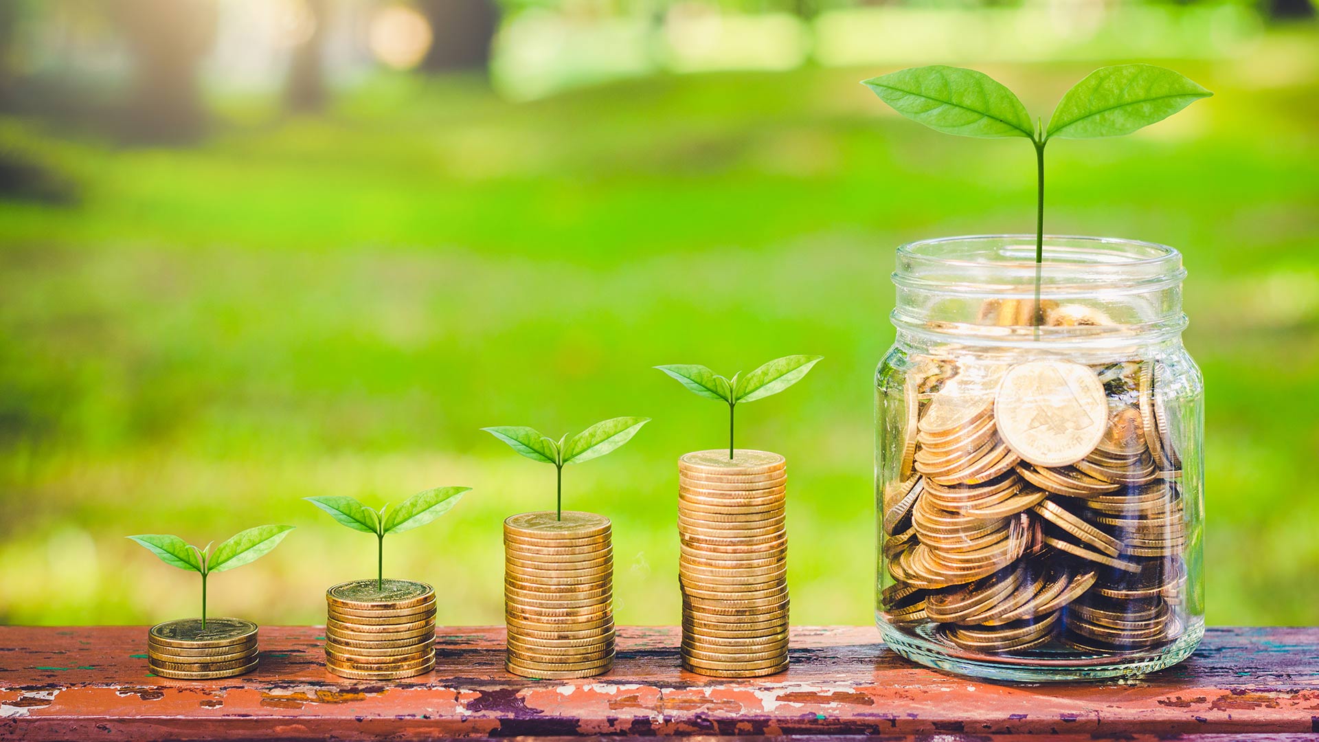 ESG investing concept with plants growing out of coins