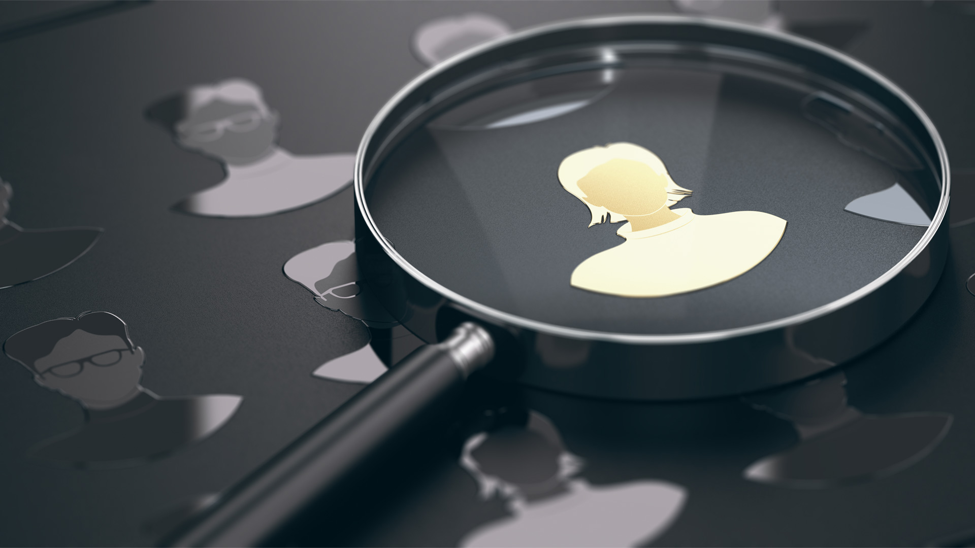 Black background with silhouettes and magnifying glass