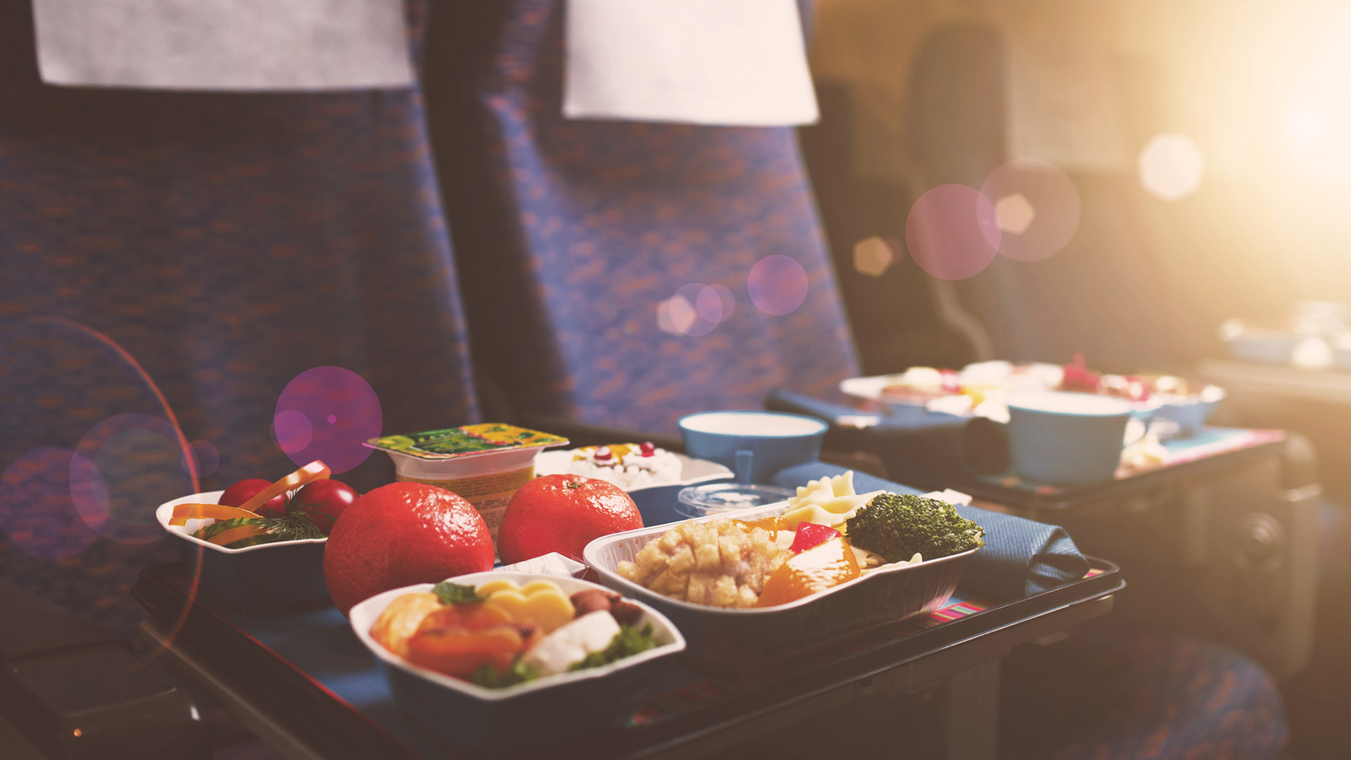 Trays of delicious healthy food on airplane