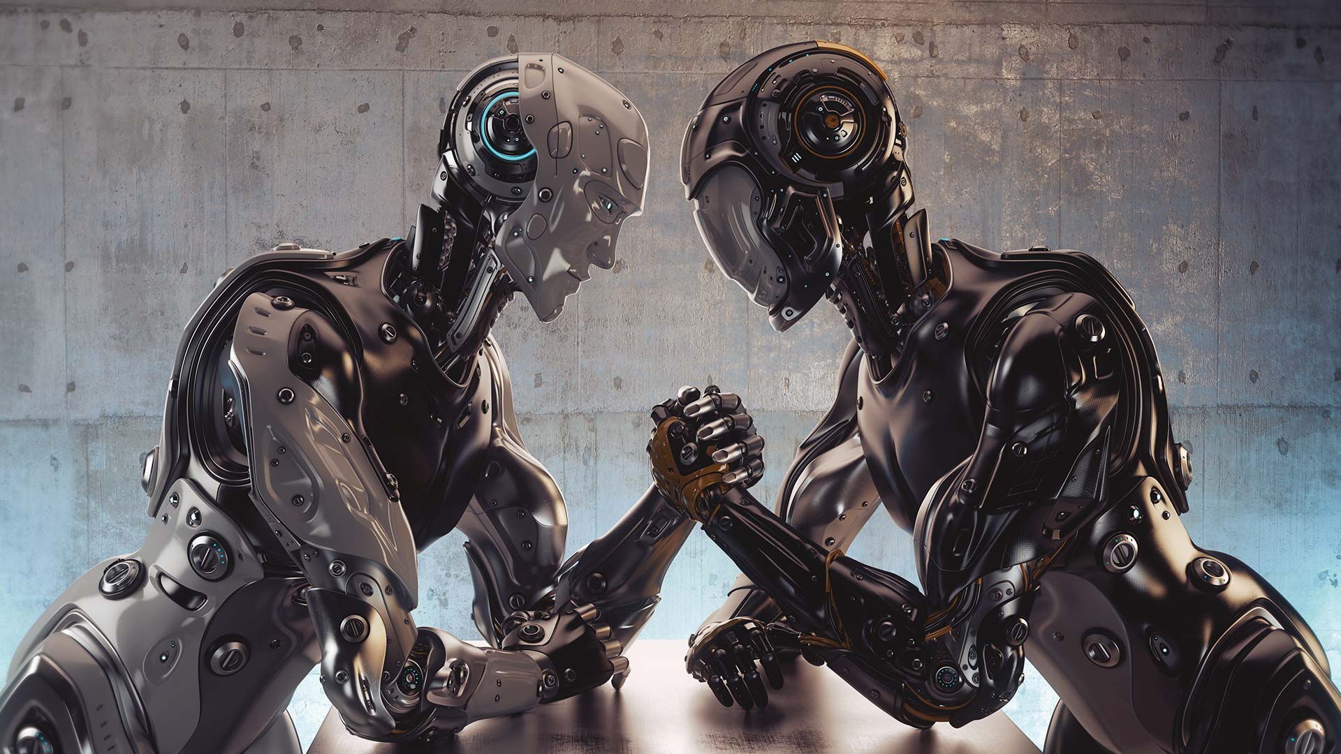 Two robots having an arm wrestle
