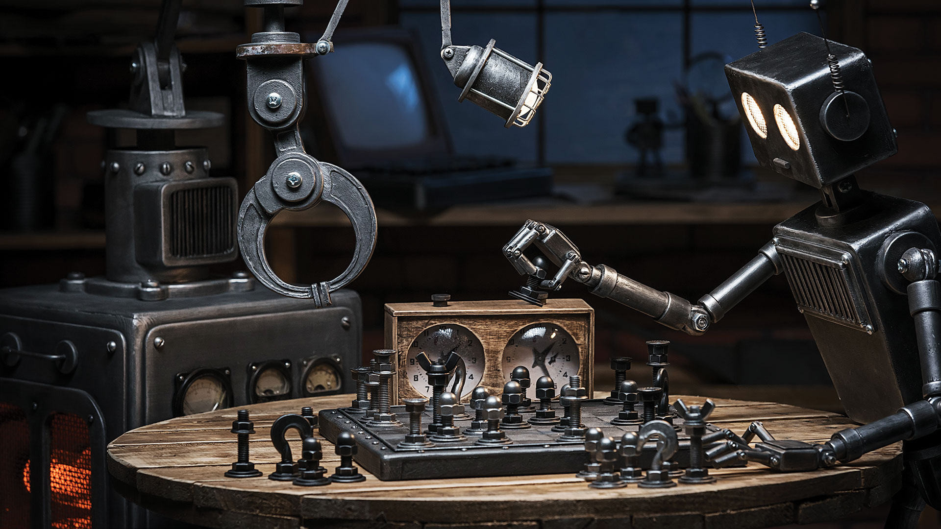 Two robots playing a game of chess