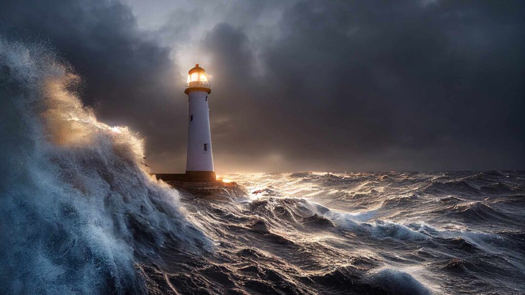 Lighthouse surrounded by rough sea, big waves crashing