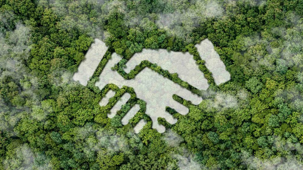 Hand shake graphic over forest of trees
