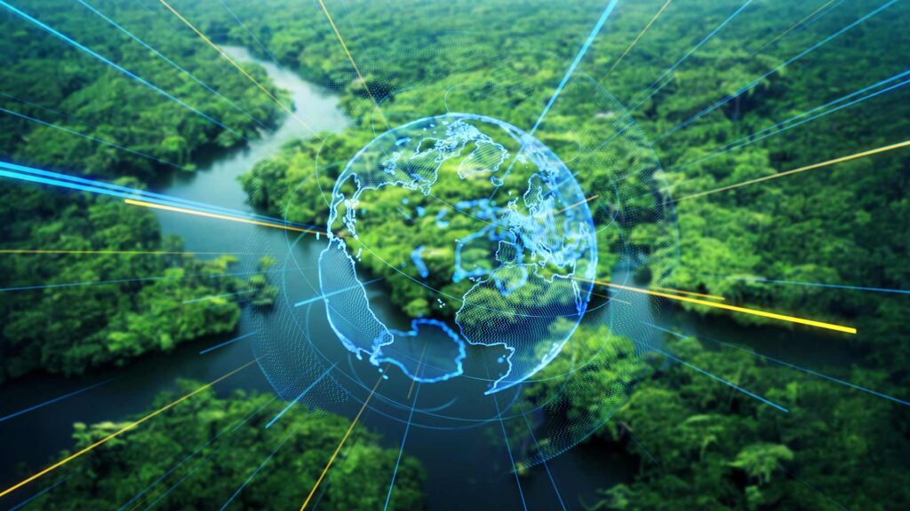 Tropical dense forest environment with global technology overlay
