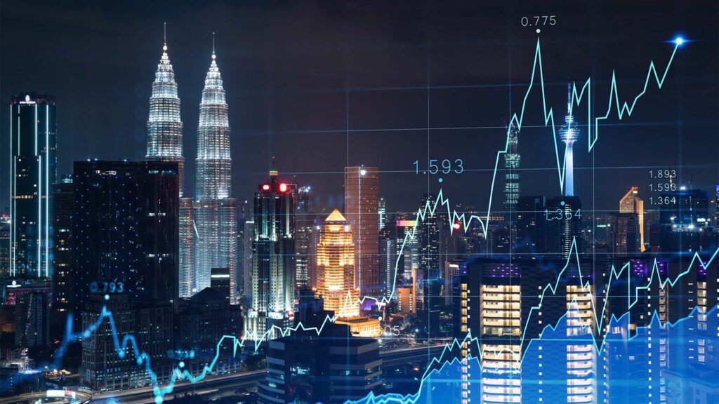 Stock market graph hologram, night panorama city view of Kuala Lumpur