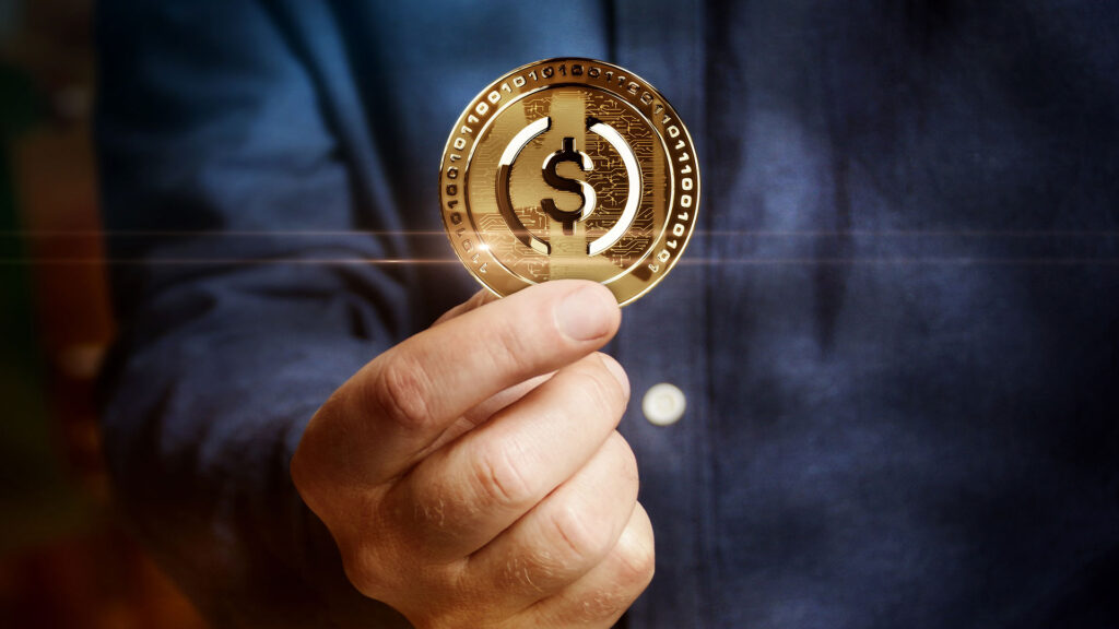 Person holding coin which represents stablecoin