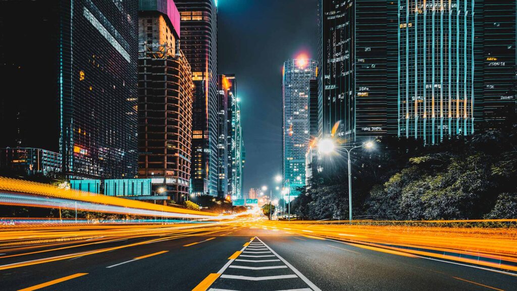 Fast traffic creating light trails in urban city of Shenzhen