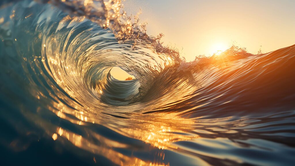 Close up of a wave at sea breaking at sunset