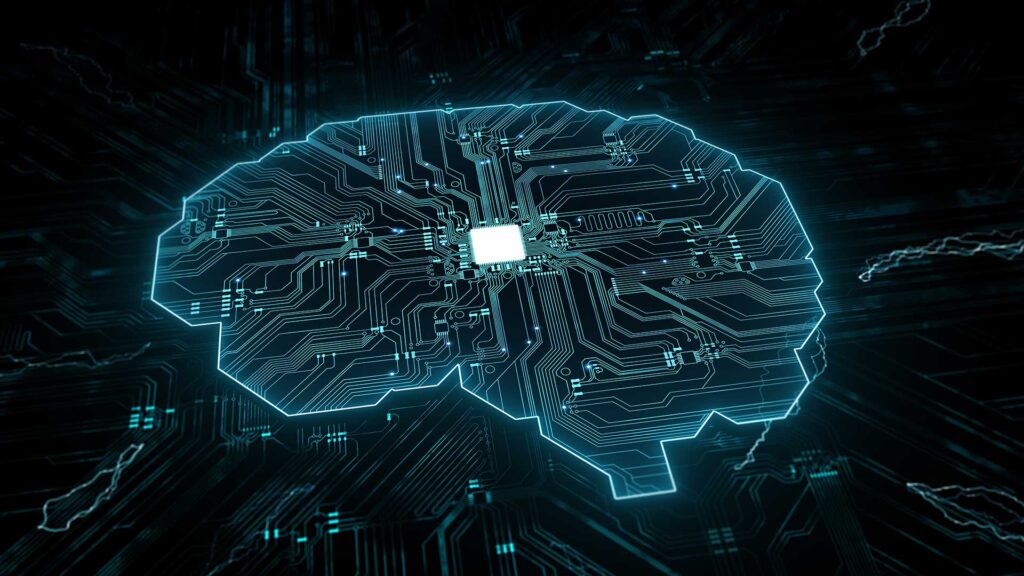 Digital brain on circuit board with AI chip in the middle