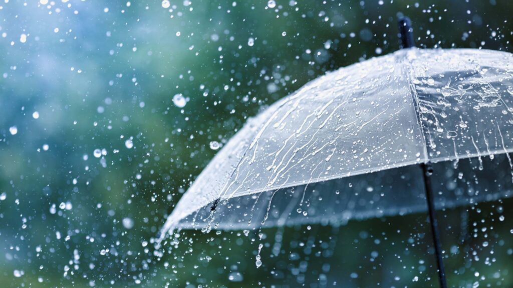 Clear umbrella during heavy rain downpour