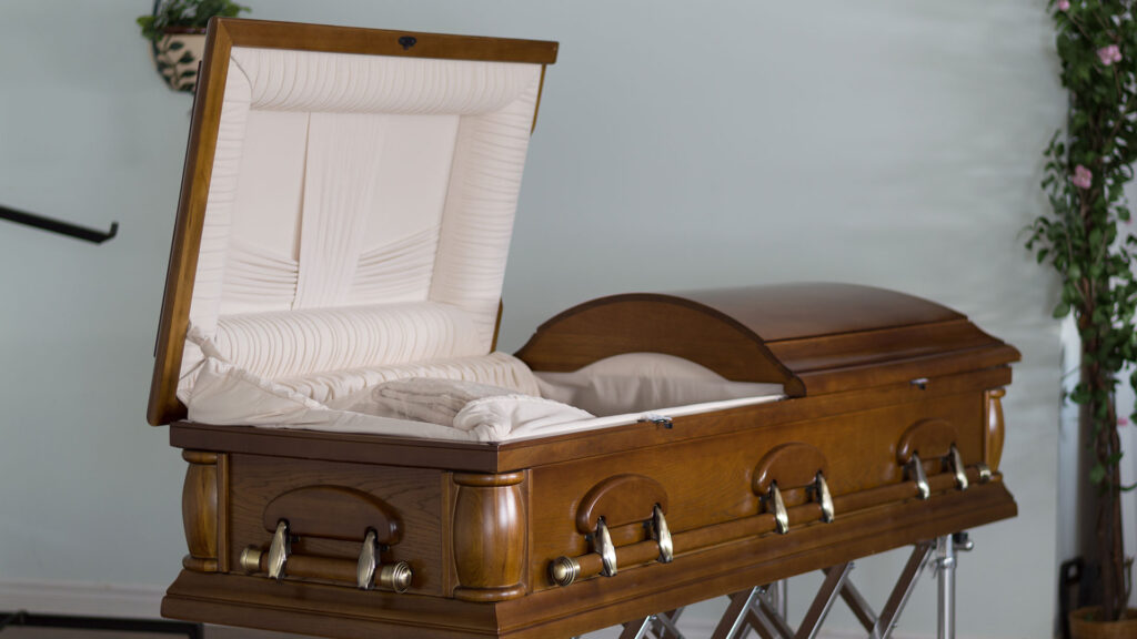 Open wooden coffin