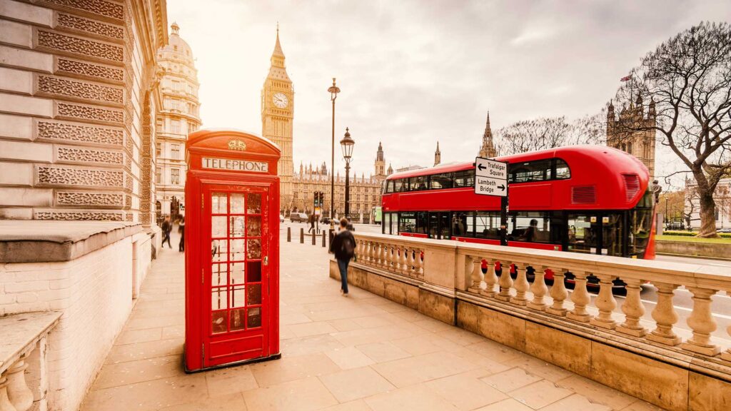 Red telephone box and bus in London with Big Ben in the background