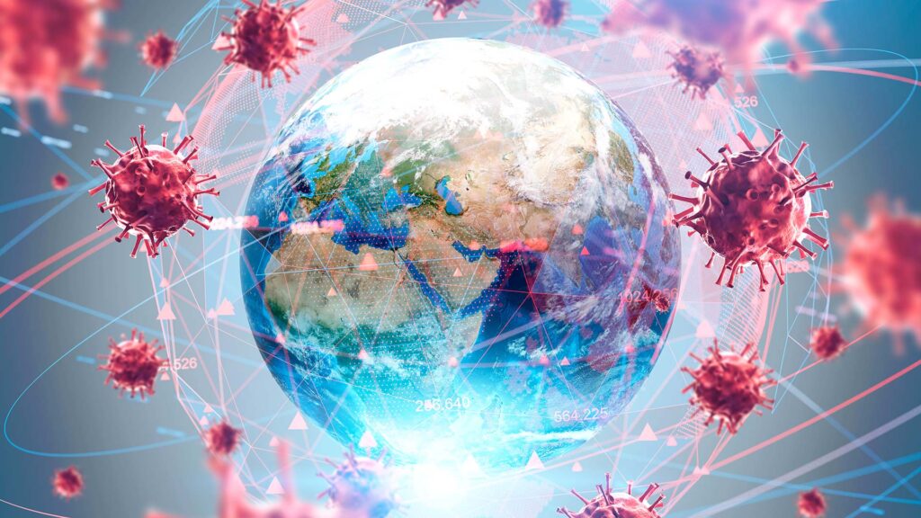 Global pandemic concept with virus surrounding the earth