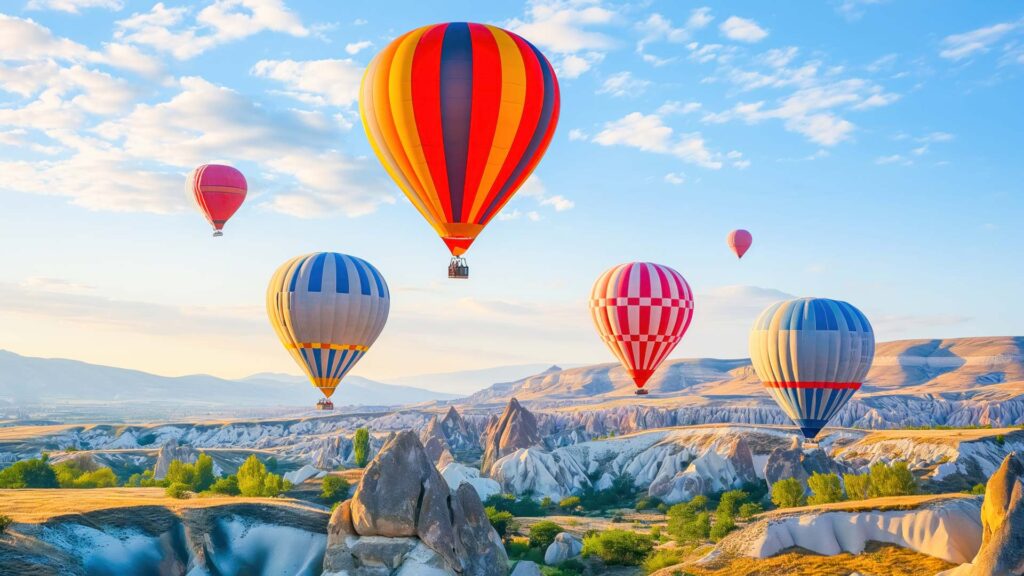 Colourful hot air balloons flying over beautiful scenery