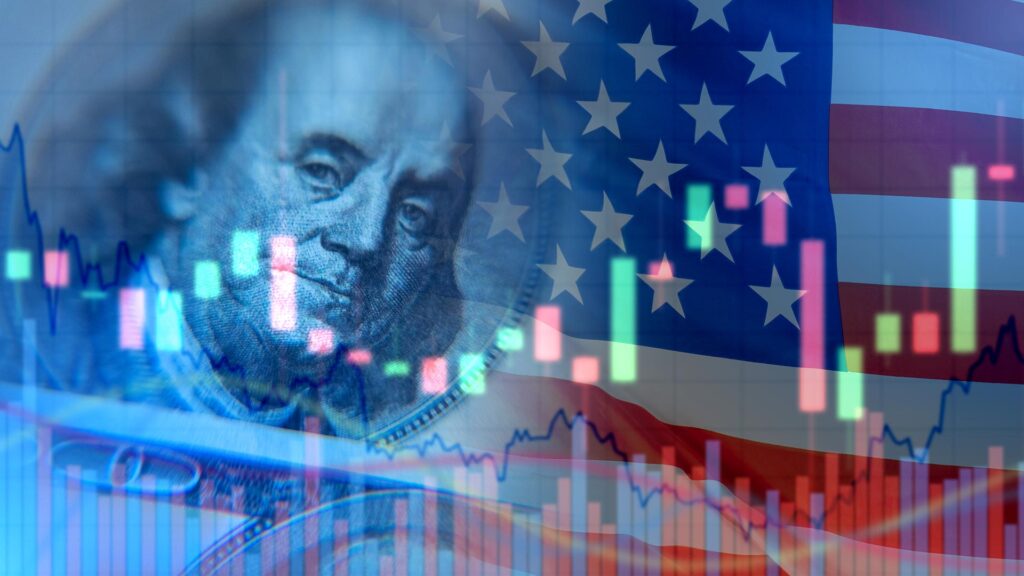 US money, flag and market graph overlay