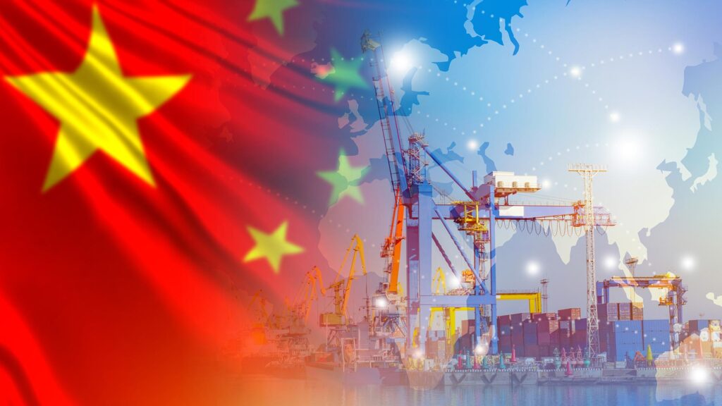 Chinese flag with port cranes