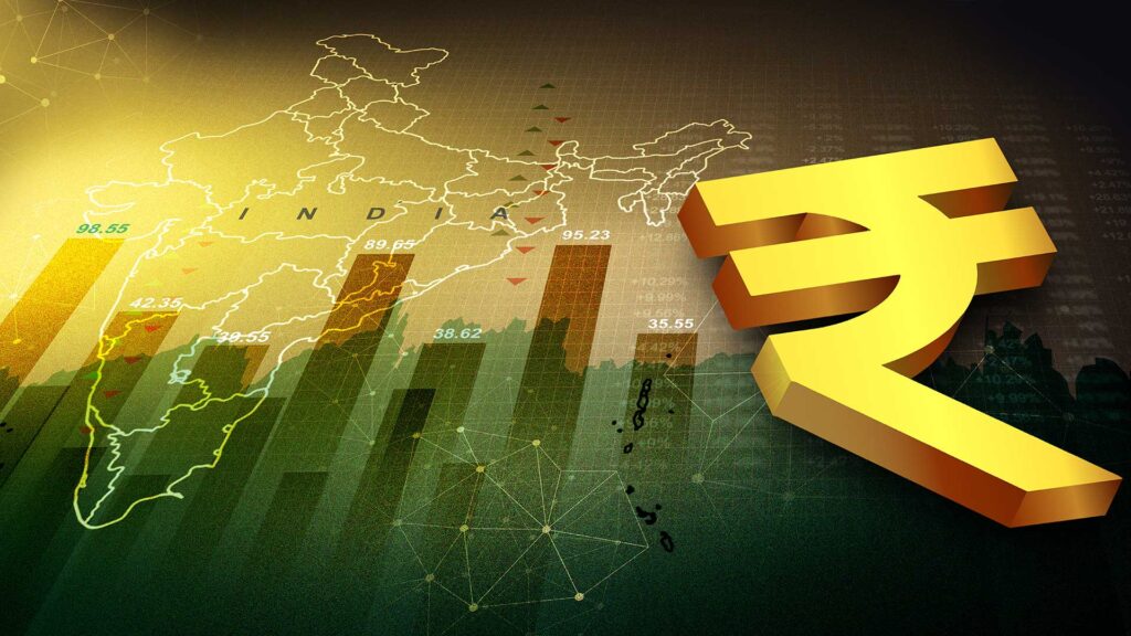 Indian rupee symbol with India map and charts in the background