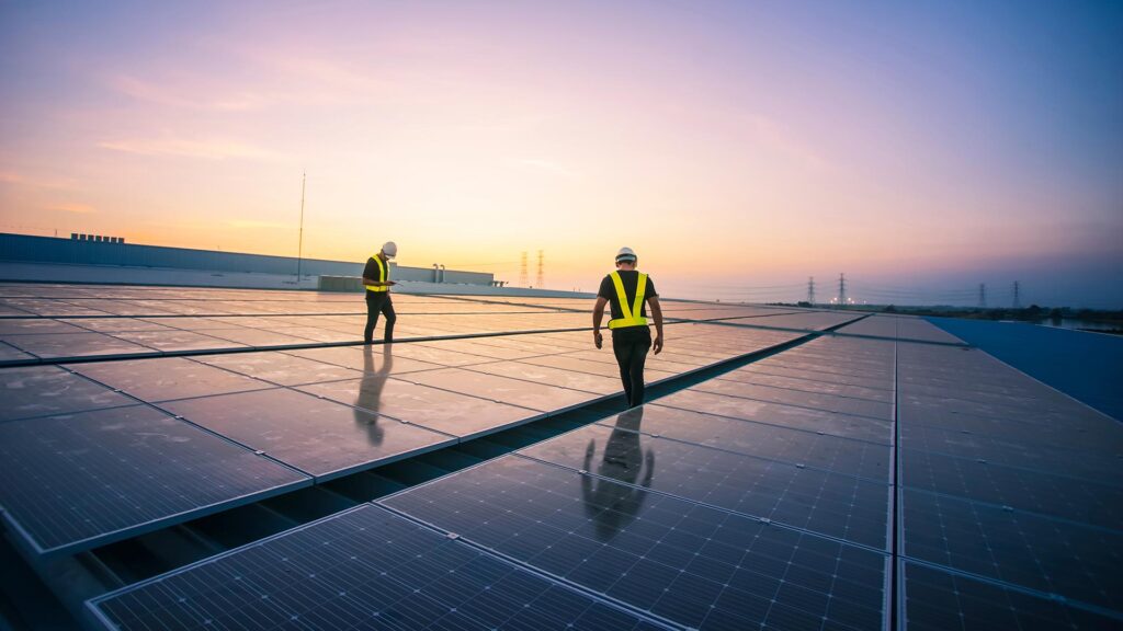 Engineers service checking solar panels