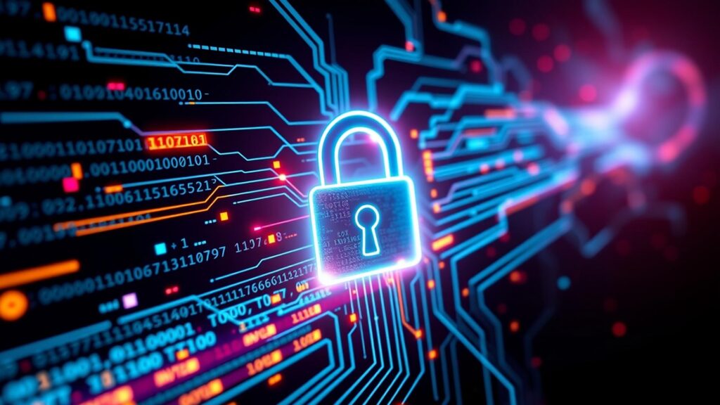 Cybersecurity concept with digital lock and circuit board pattern