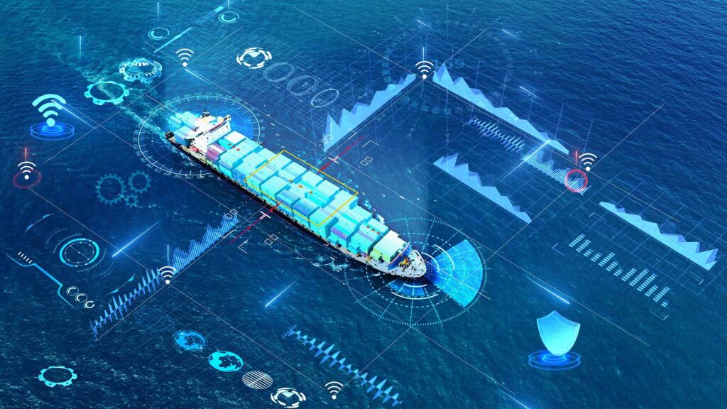 Trade container ship with digital charts