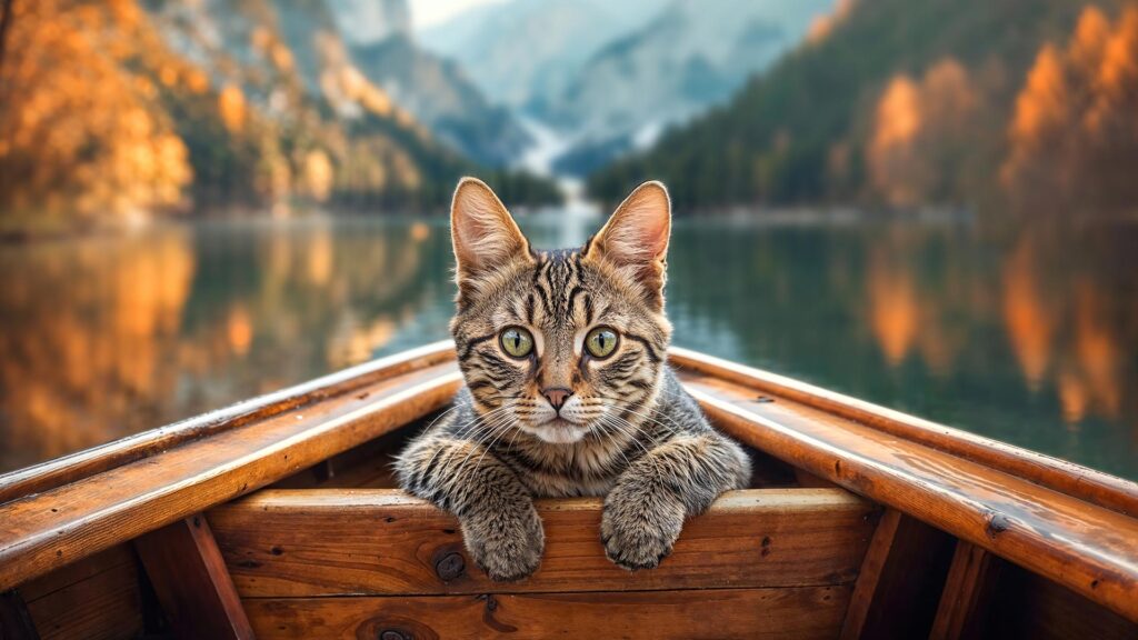 Tabby cat adventuring in a wooden boat
