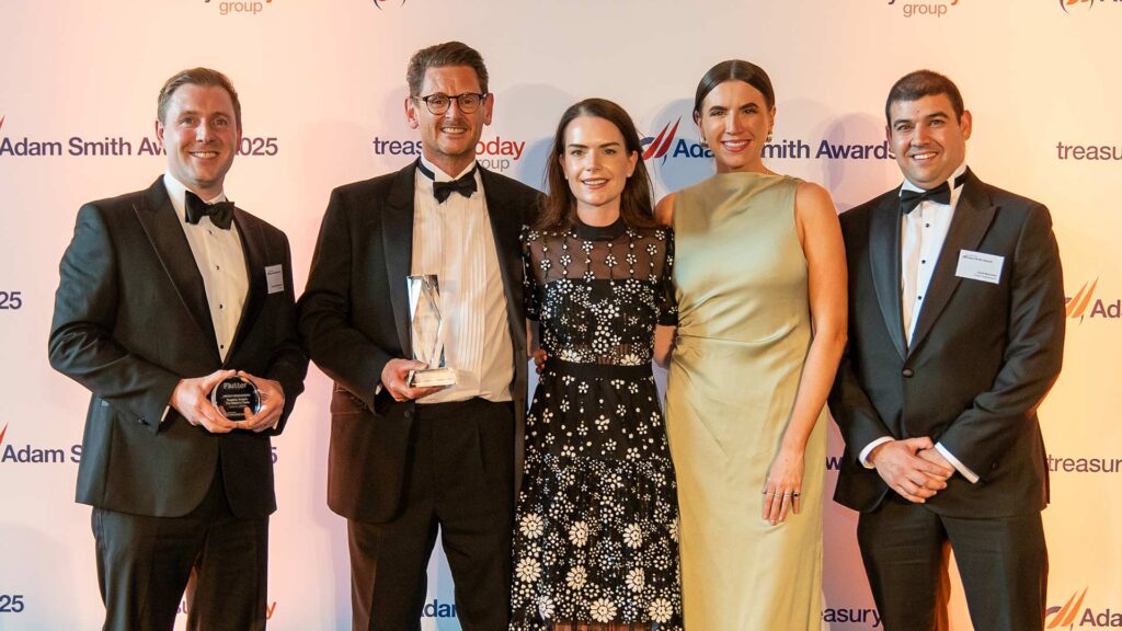Photo of Edward Hebblethwaite, J.P. Morgan, Steve Ellis, Aoife O’Shea, Emma Magill and Sunil Boorman, Flutter Entertainment.