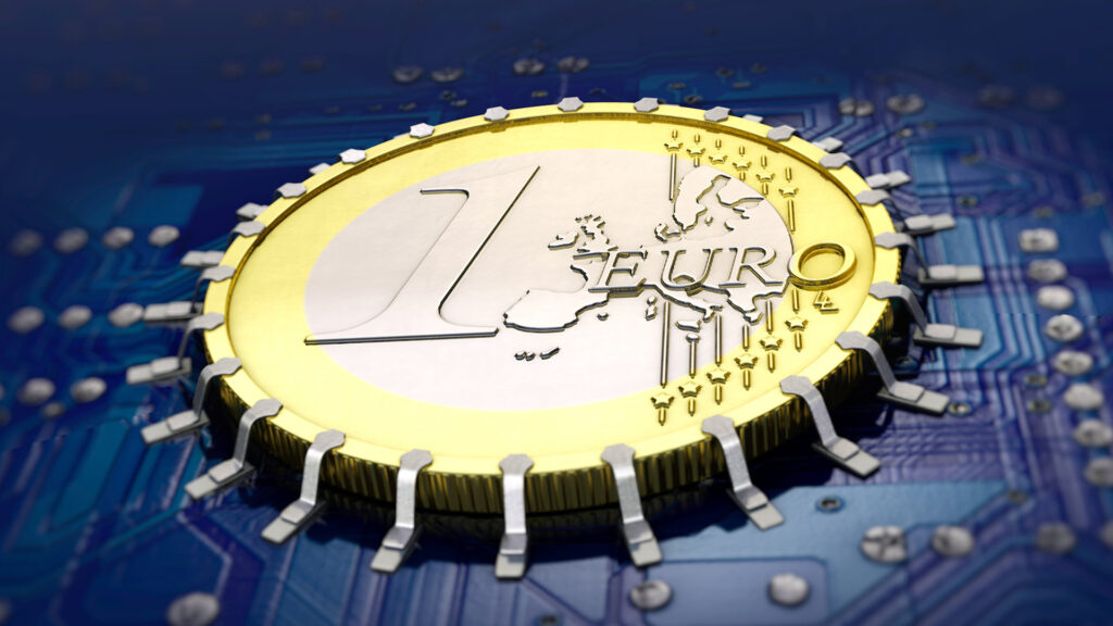 Euro coin imbedded in a computer board.