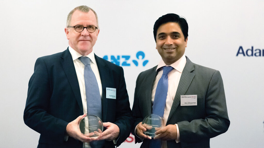 Photo of Paul Melkebeke, Samsonite, Dino Albuquerque, Bank of America Merrill Lynch.