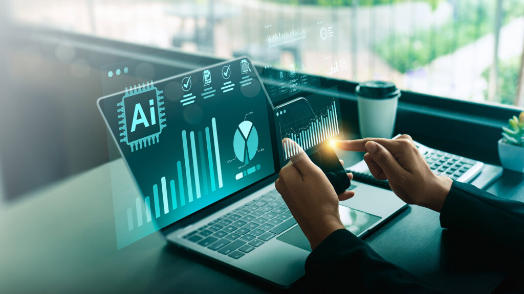 AI on screen, with business person.