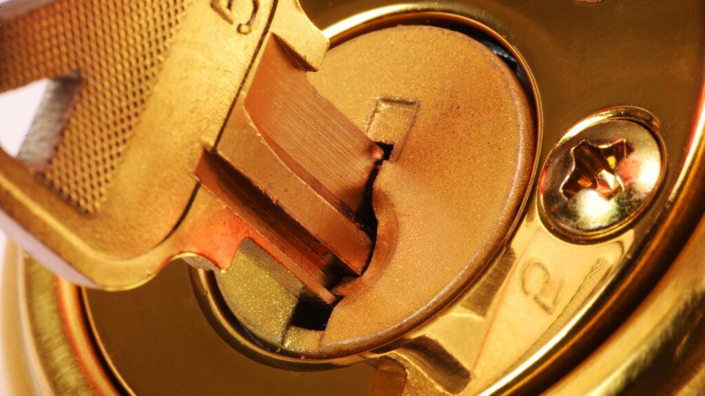 Key in lock close-up.