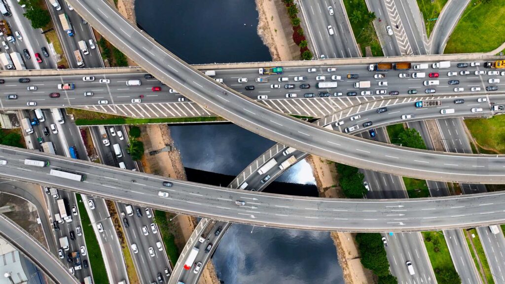 Birdseye view of overlapping highway roads