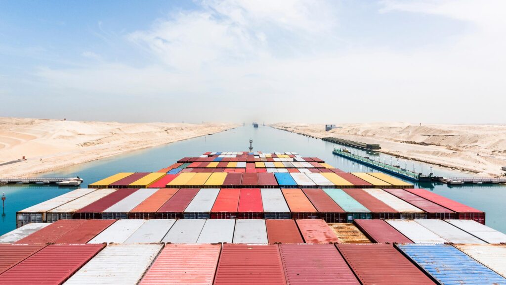 View of containers loaded on a cargo ship