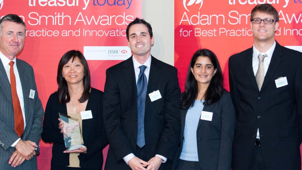 Photo of Richard Parkinson, Cynthia Torsney, Mike Scalora, Tara Mathew and Jason Debolt from Google's Treasury Team.