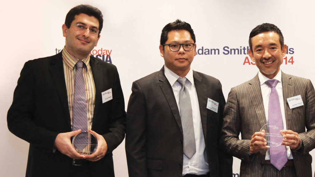 Photo of Kazuhiro Tsutsumi and Edwin Tey, Global Logistic Properties and Nicolas Adjemian, Reval.