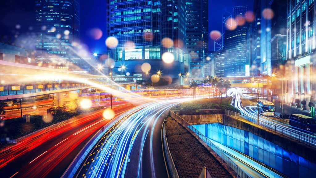 Light trails through the city at night