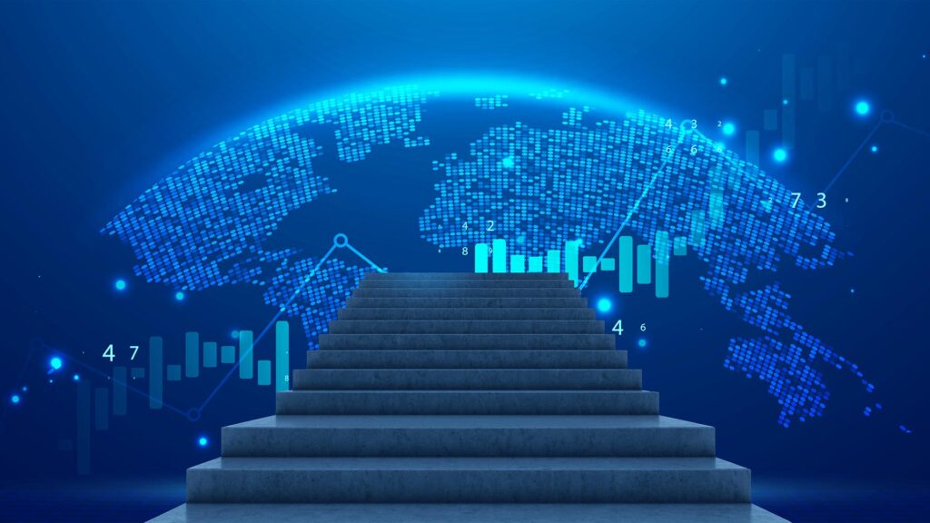 Stairs leading up with a globe in the background