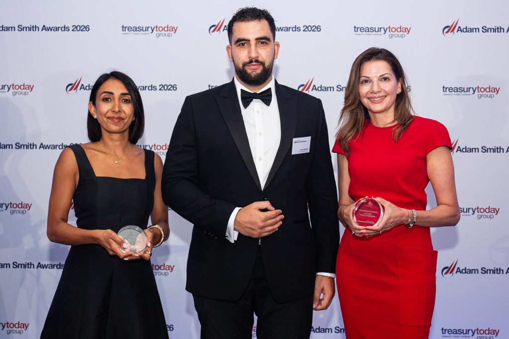 Photo of Ritu Jutla, Goldman Sachs Transaction Banking, Issam Nakhcha and Marie-Anne Walker, Canary Wharf Group.