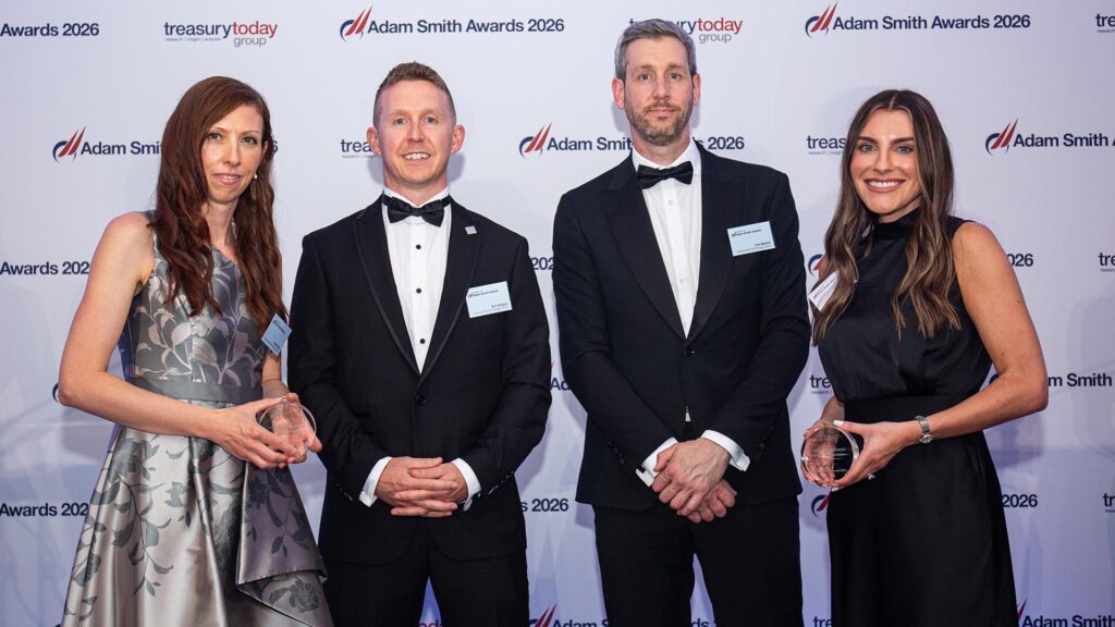 Photo of Hollie Scott, Ben Skipper and Carl Murton, Exponential Technology Group and Rebecca Borst, J.P. Morgan.