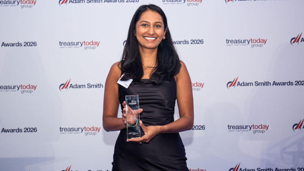Photo of Pooja Shah, J.P. Morgan collected the award on behalf of Walmart.
